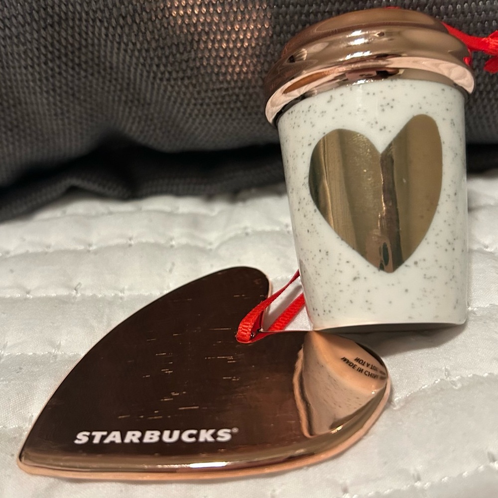 Starbucks Holiday Ornaments Metallic Rose Gold Heart Ornament with Red Ribbon